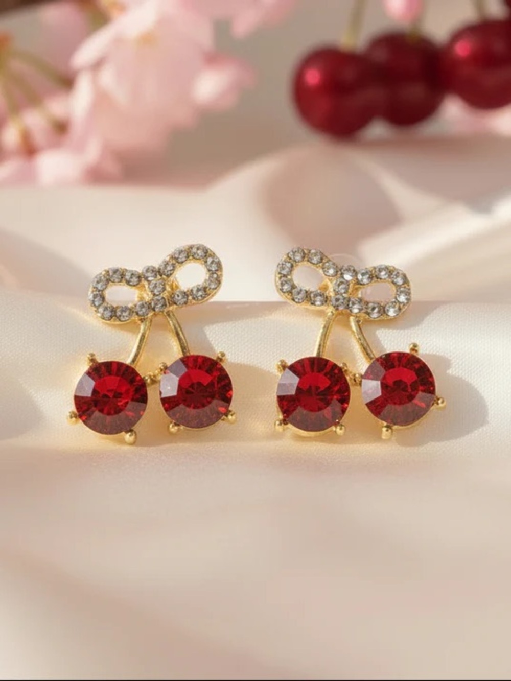 Gold Cherry Crystal Stud Earrings with Red Stones